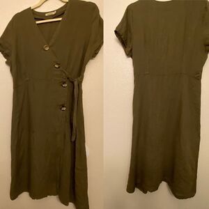Dark Army Olive green linen wrap button front dress coastal beachy logenlook M